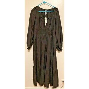 Anthropologie Size L Somerset Black Tie Neck Puff-Sleeve V Neck Maxi Dress